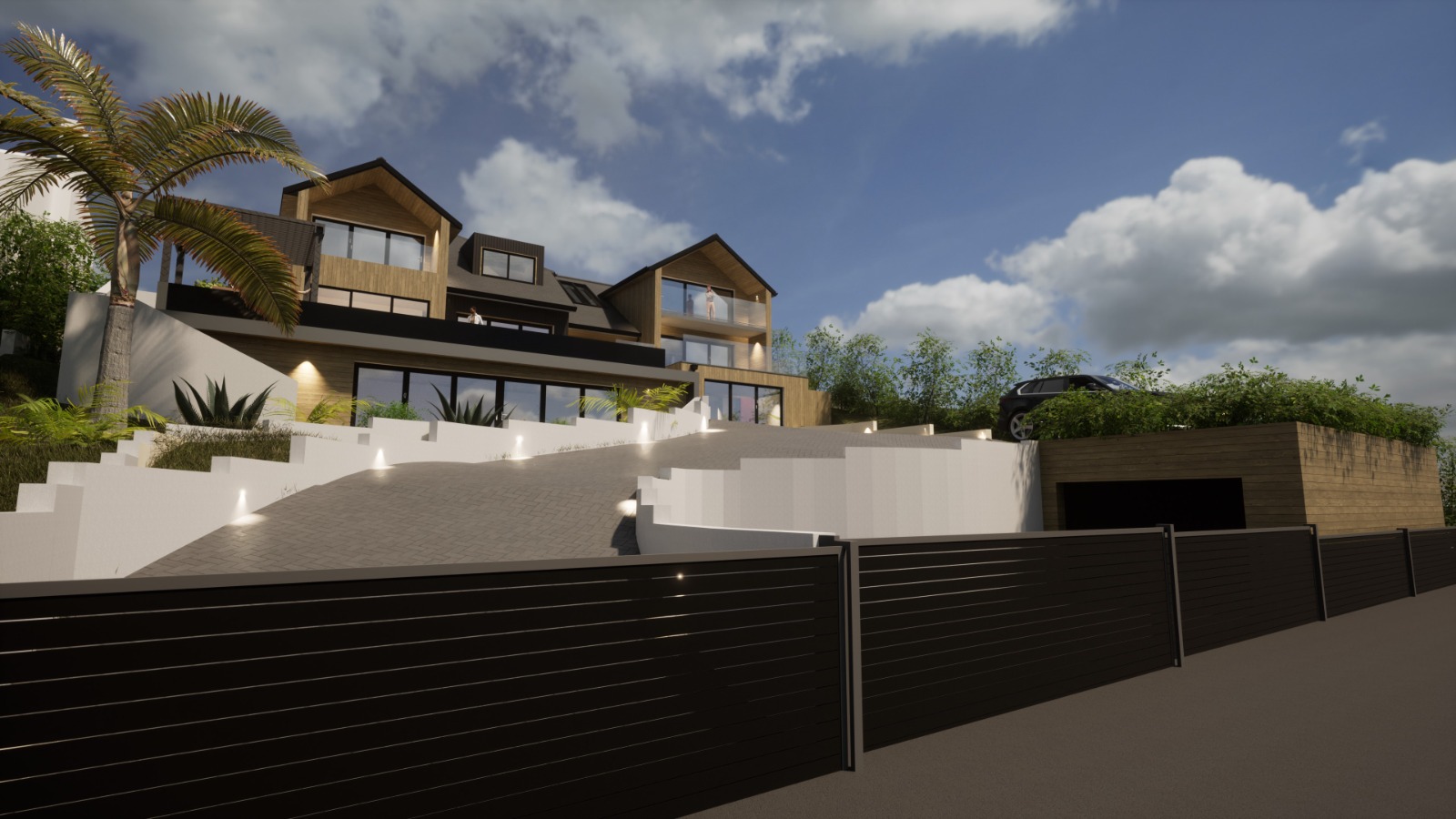 Mock-up image of luxury multi-level house with sweeping drive.